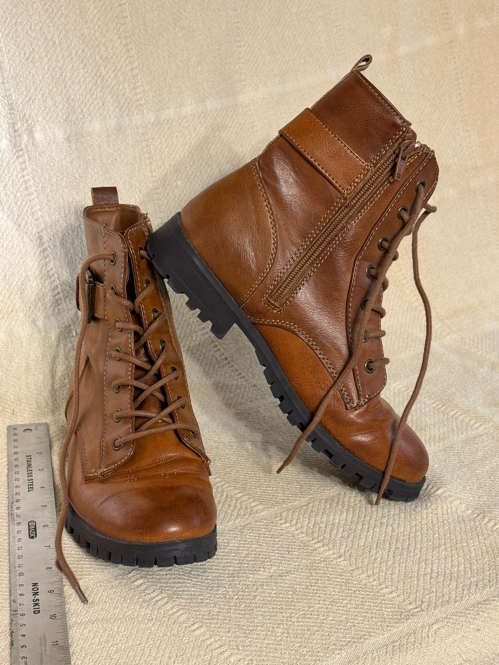 Women's Brown Leather Lace-Up Ankle Boots with Side Zip